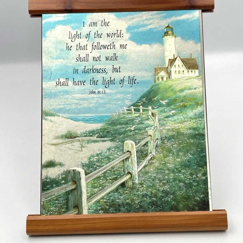 Vintage 1980s Christian Lighthouse Wall Hanging John 8:12 Foil‎ Art Plaque 9x7